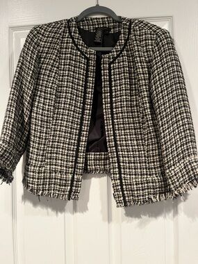 H&M Black & White Tweed Fringe-Trim Open Jacket